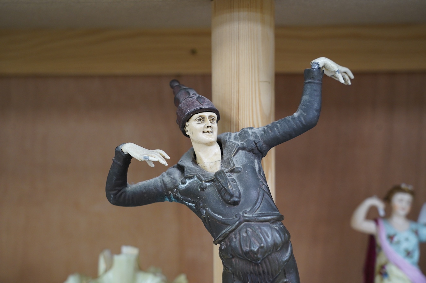 An Art Deco resin and patinated spelter model of a dancer on onyx base, 30cm. Condition - poor